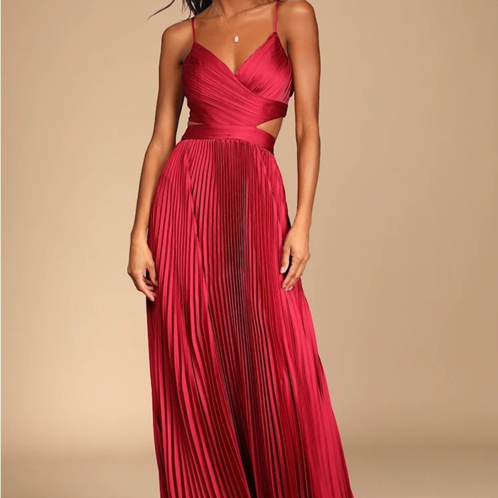 NEW Lulus Got The Glam Wine Red Maxi Dress XL Gown Satin Pleated Cutout Maxi - Picture 2 of 12